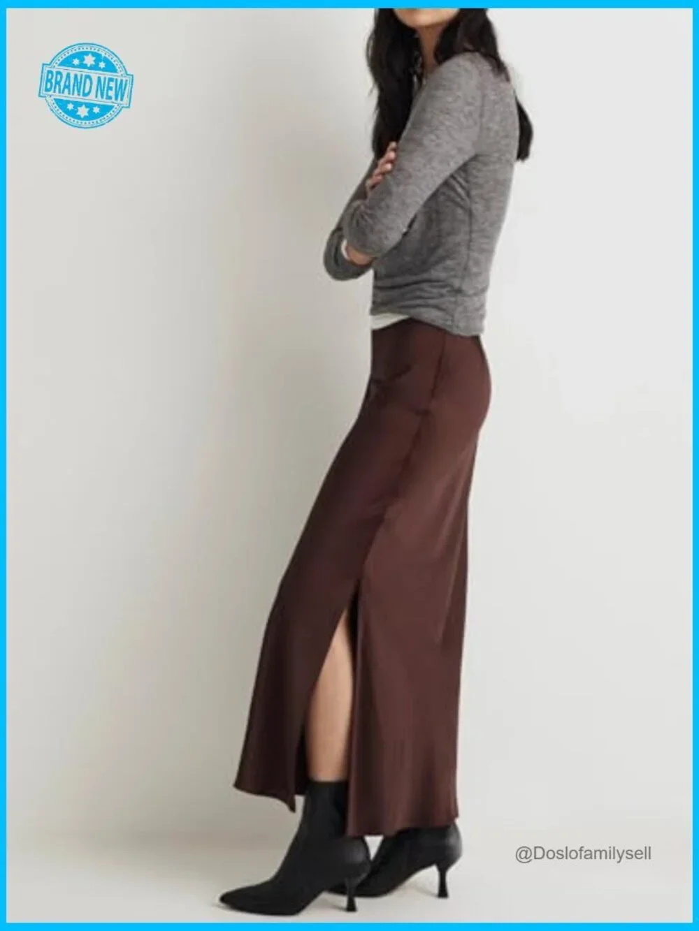 Satin Maxi Slit Skirt Elastic Waistband Flowy A-Line Solid Slip Skirt